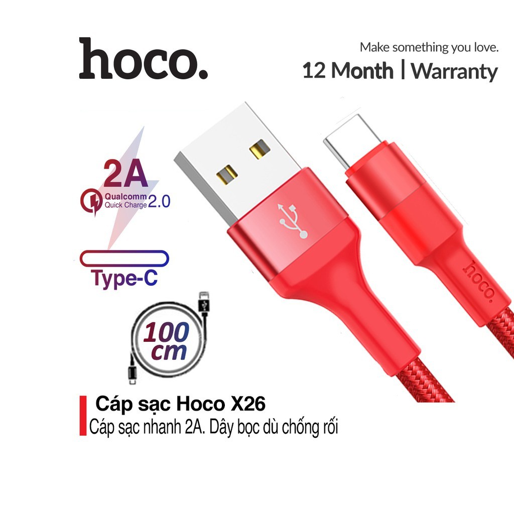 Cáp sạc nhanh 2A Hoco X26 Type-C dây bọc dù siêu bền hỗ truyền dữ liệu ổn định dài 1M cho Android
