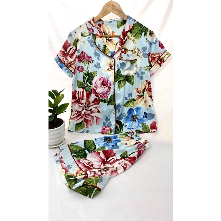JAPAN SILK - Bộ cộc pijama lụa Nhật họa tiết hoa sơn sang trọng