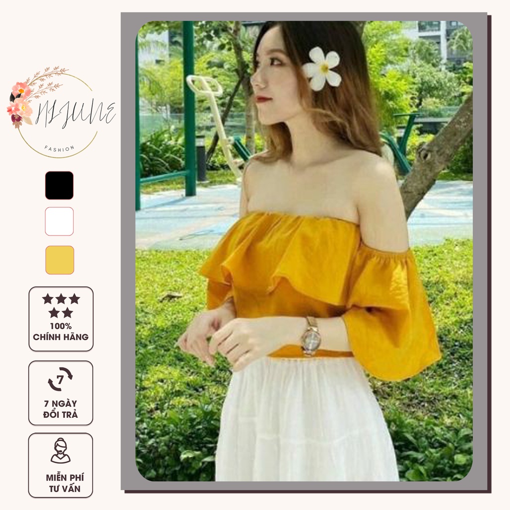 Áo trễ vai tay bồng Áo crtop bẹt vai xếp ly tay ngắn dễ thương HIJUNE ATV12
