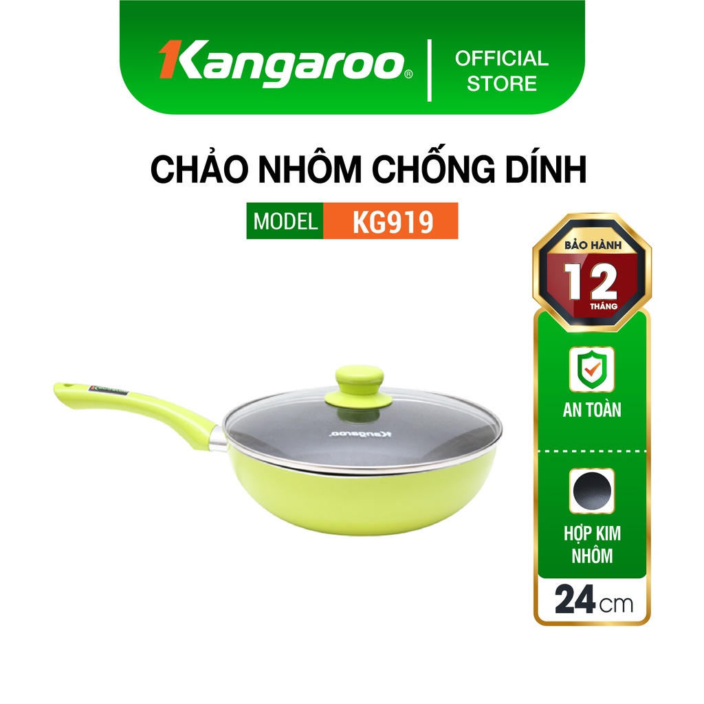 Chảo nhôm chống dính Kangaroo (24cm, sâu lòng, có nắp kính, không đáy từ) KG919