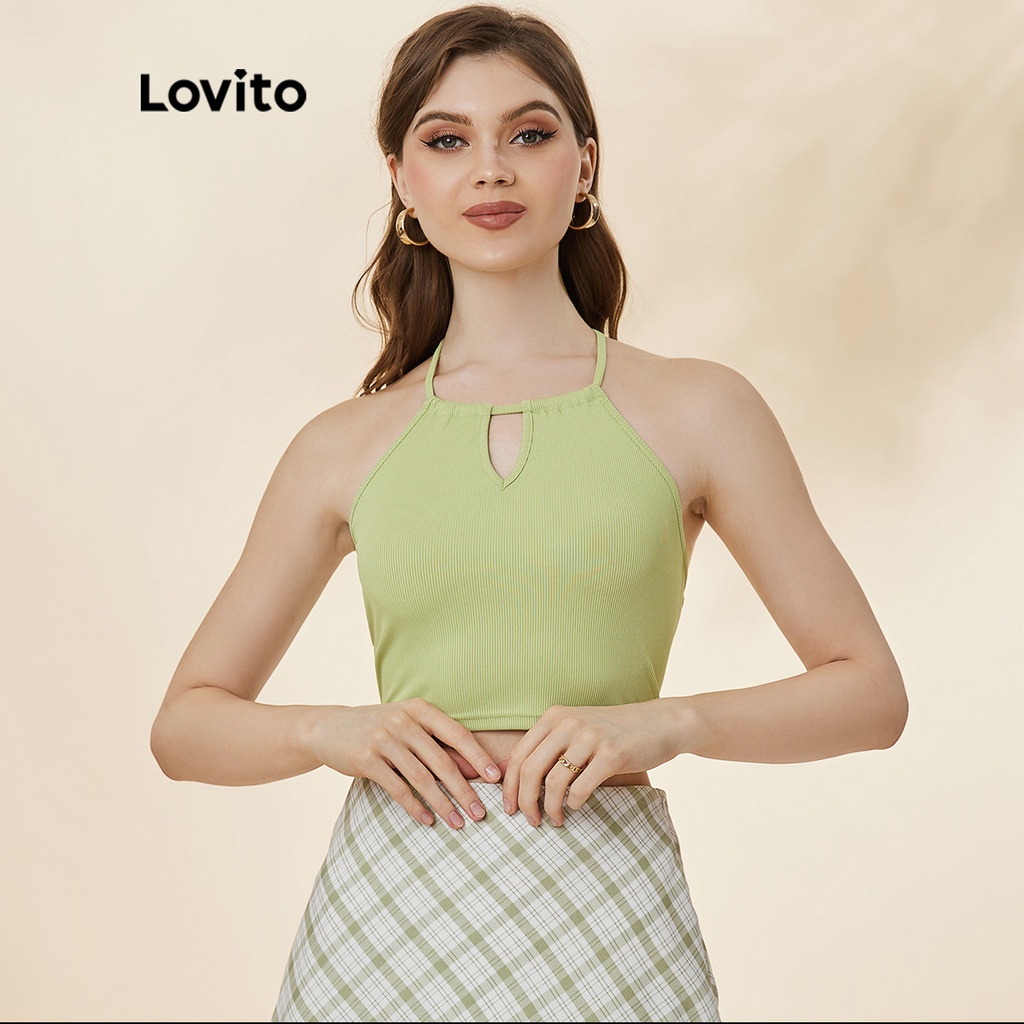 Áo sát nách Lovito thiết kế dây yếm đeo cắt xẻ phong cách cơ bản trơn màu L19D393 (màu xanh lá)