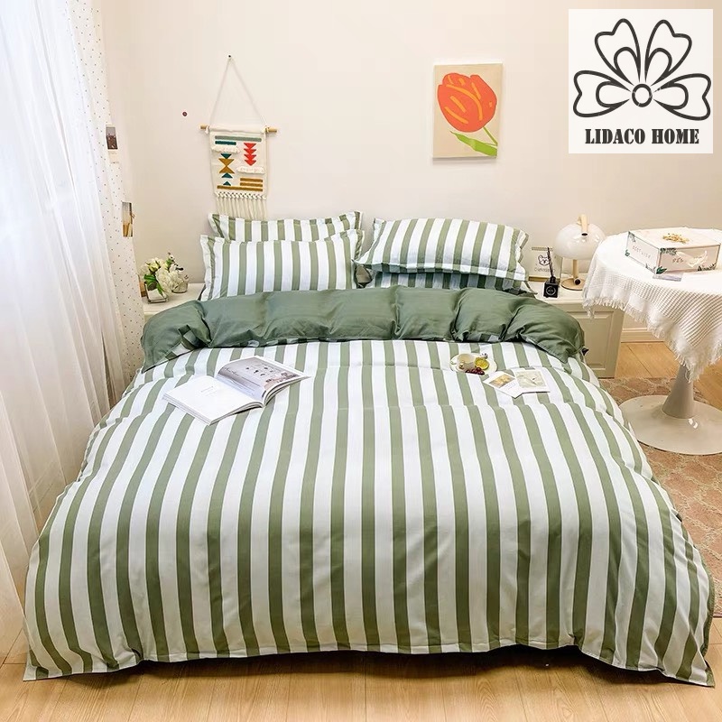 Bộ chăn ga gối cotton poly Lidaco decor phòng ngủ vintage - Kẻ sọc xanh (SP001476)