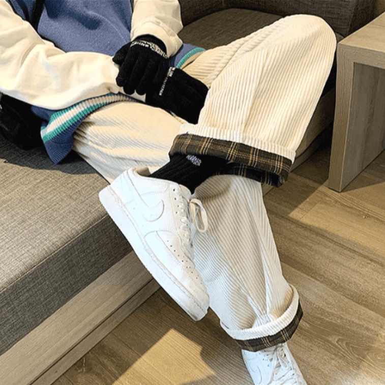 Quần jogger vải nhung kẻ sọc caro ống rộng lưng thun phong cách Harajuku Nhật Bản cho nam