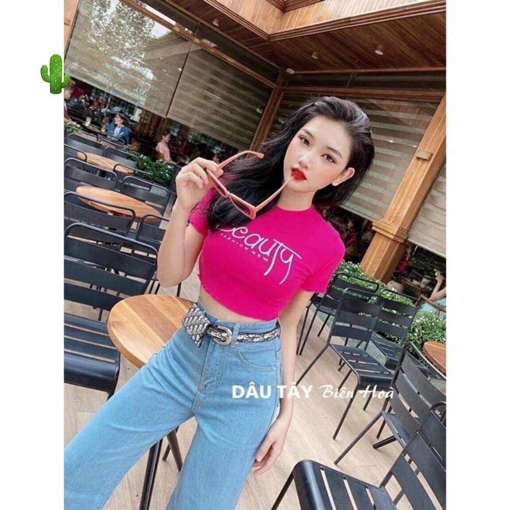 Ao kiểu croptop cổ tim cuốn biên in chữ beauty cực xinh , chất thun bozip mềm mịn