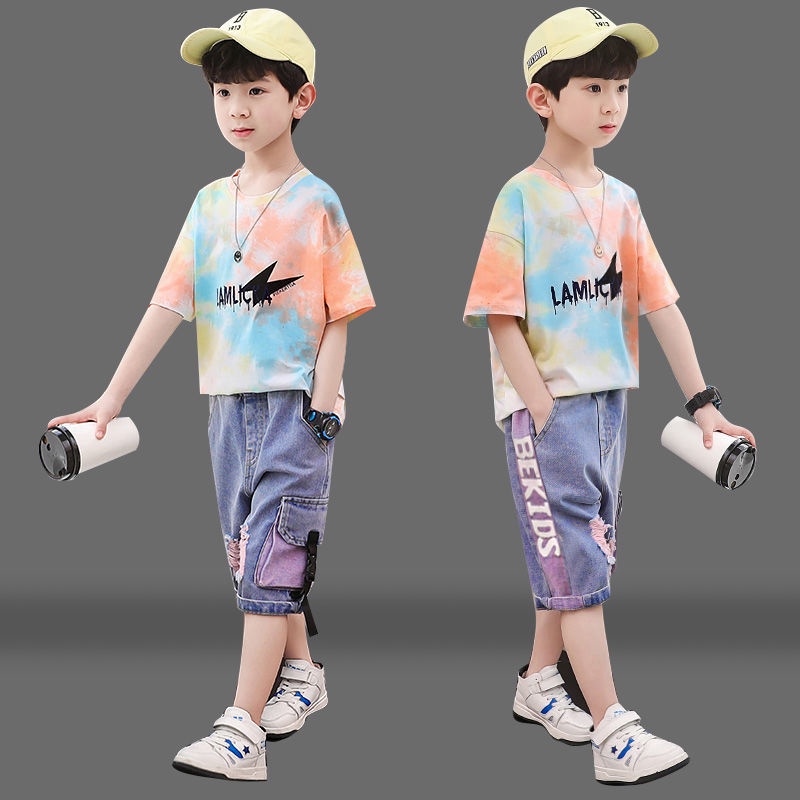 Set Áo Thun Tay Ngắn + Quần Short Denim In Họa Tiết Hoạt Hình Thời Trang Mùa Hè Cho Bé Trai 10-14 Tuổi