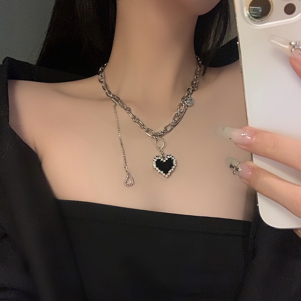 Dây Chuyền Hai Lớp Mặt Hình Trái Tim Màu Đen Phong Cách Hip Hop Hàn Quốc 19A1173