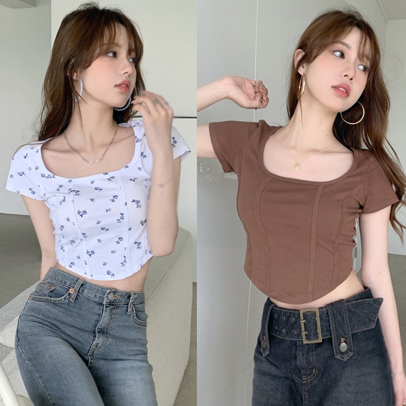 Áo Croptop Tay Ngắn Cổ Vuông Thiết Kế Lệch Tà Ôm Dáng Quyến Rũ Thời Trang Mùa Hè Cho Nữ