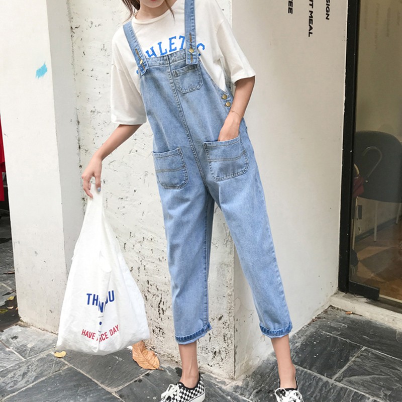 Quần yếm ulzzang quần yếm jean lửng rộng ống suông quần yếm bò jeans kiểu hàn quốc