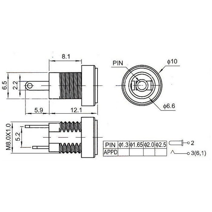 Jack Sạc nguồn DC - 022B kích thước 5.5 x 2.1 mm