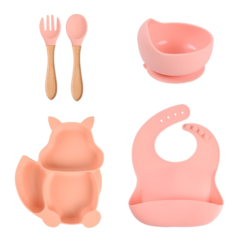 Bộ 5 Món Tô Muỗng Nĩa Tập Ăn Chia Ngăn Bằng Silicone Cho Bé Hình Chú Sóc