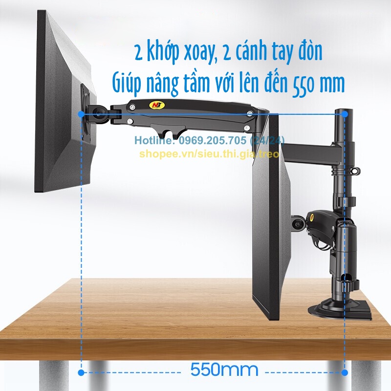 H180 Giá Treo 2 Màn Hình (màn hình 17-32 inch)/ Tay treo 2 màn hình- Xoay 360 Độ. (Ưu việt hơn F160/ M052)