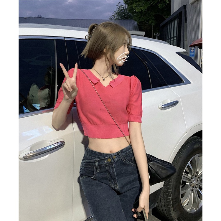 Áo Croptop Dệt Kim Tay Phồng Phối Ren Thời Trang Mùa Xuân Hàn Quốc Ngọt Ngào
