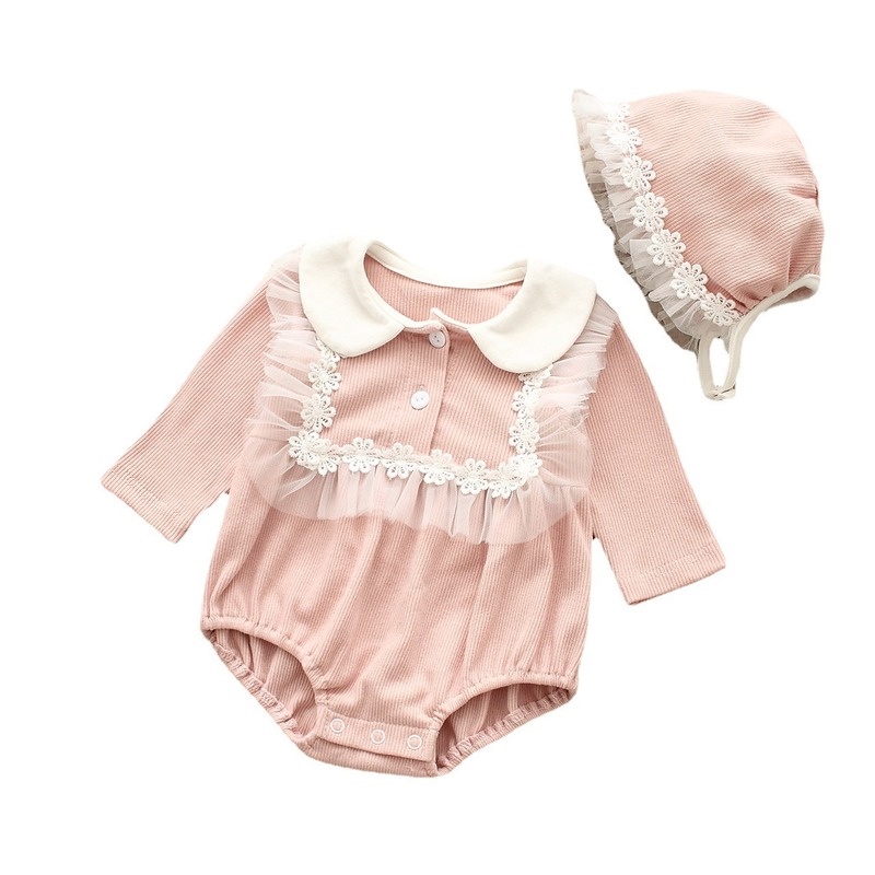 Set đồ 2 món gồm áo liền quần tay dài và nón thời trang dành cho bé gái sơ sinh
