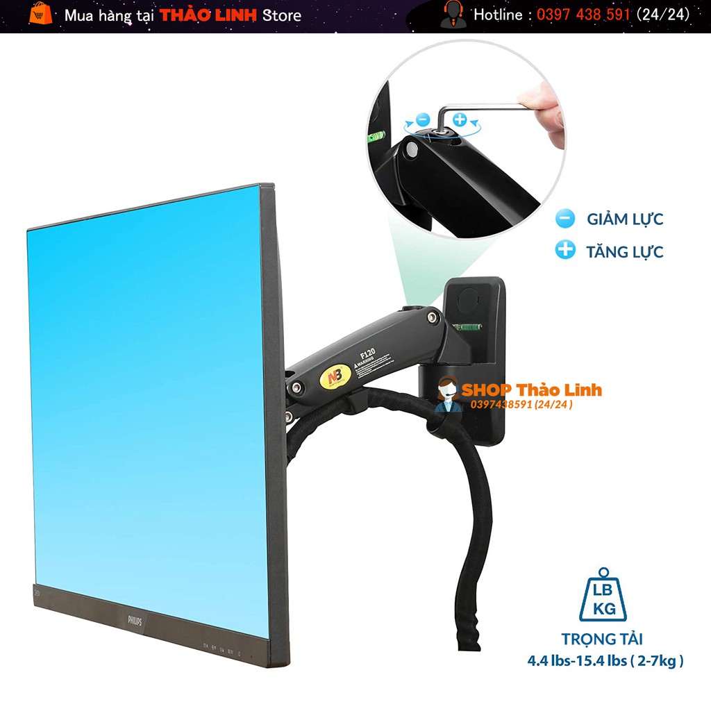 Giá Treo Màn Hình NB-F120 - Tải Trọng 7Kg Hỗ Trợ Màn 17-27Inch-Xoay Màn 360 Độ