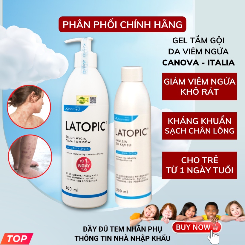 Gel tắm gội cho Bé LATOPIC Ba Lan giúp da mụn ngứa kích ứng dịu da giảm khô ngứa 400ml