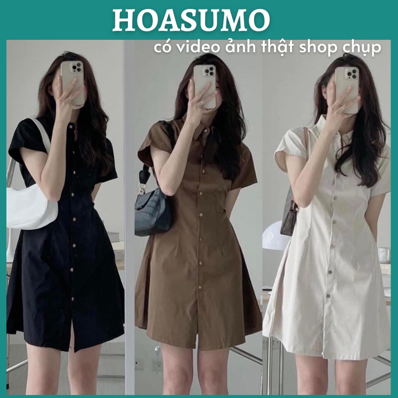 Đầm sơ mi xuông váy nữ basic HOASUMO cổ sơ mi cài cúc chiết eo lưng chun, váy nữ cộc tay nhiều màu FREESIZE