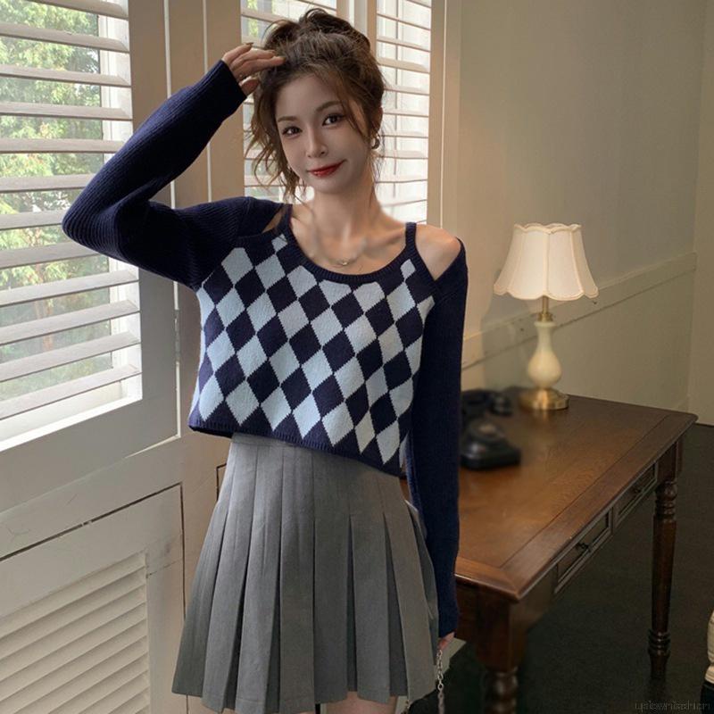 Áo sweater dệt kim tay dài phối màu thời trang cho nữ