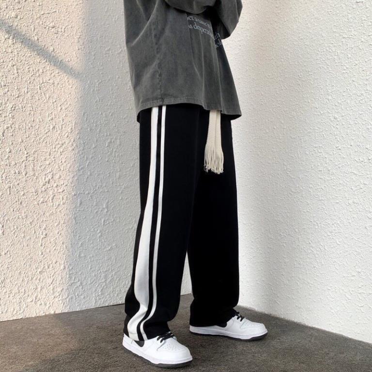 Quần Ống Rộng Kẻ Sườn Vạch Sọc Nam Nữ Dáng Rộng Unisex Thêu Logo Kiểu Dáng Hàn Quốc