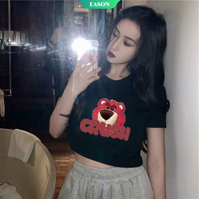Áo Thun Cotton Ngắn Tay Dáng Rộng In Họa Tiết Gấu Và Dâu Tây Hoạt Hình Phong Cách Hàn Quốc Thời Trang Mùa Hè