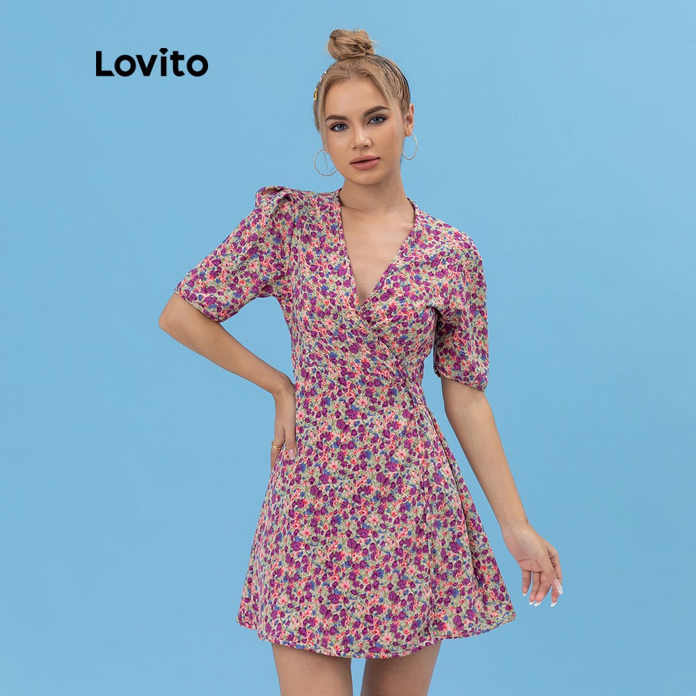  Đầm Lovito in hoa tay phồng dễ thương L06040 (màu tím) | BigBuy360 - bigbuy360.vn