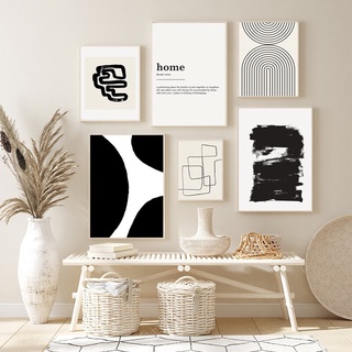 Tranh treo tường vải canvas họa tiết đường kẻ trắng đen thời trang đơn giản hiện đại trang trí nội thất