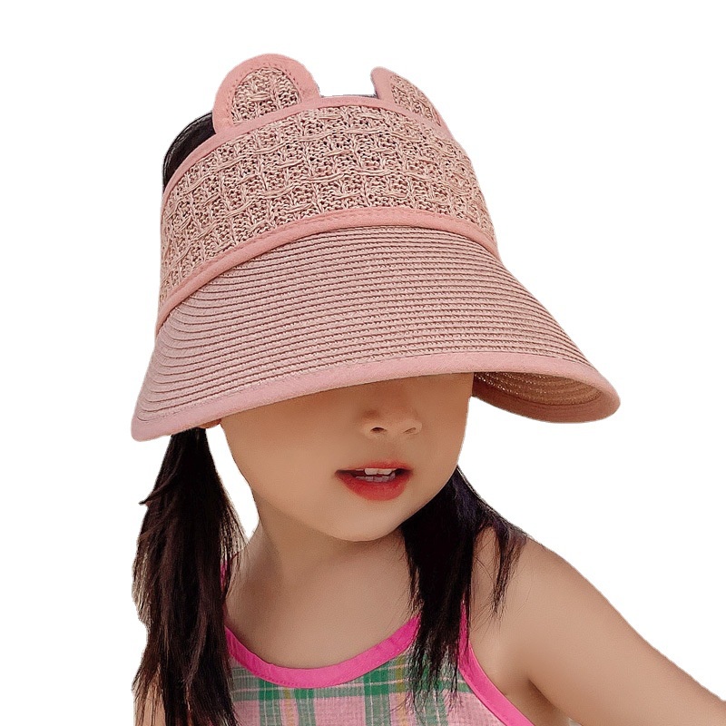 Mũ Cói Che Nắng Hở Chóp Thiết Kế Tai Thỏ Hoạt Hình Dễ Thương Dành Cho Bé 3-10 Tuổi