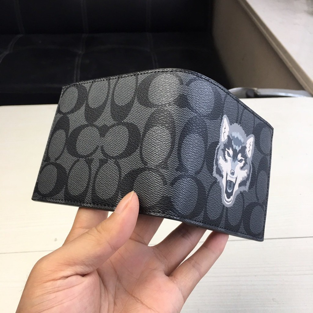 COACH Ví da gấp đôi sang trọng cổ điển  / Ví in hình đầu sói ngắn 31522