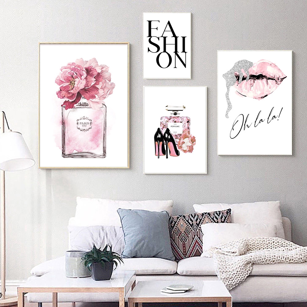 Tranh canvas họa tiết giày cao gót và chai nước hoa/chai nước hoa và bông hoa/đôi môi/chữ Fashion không kèm khung