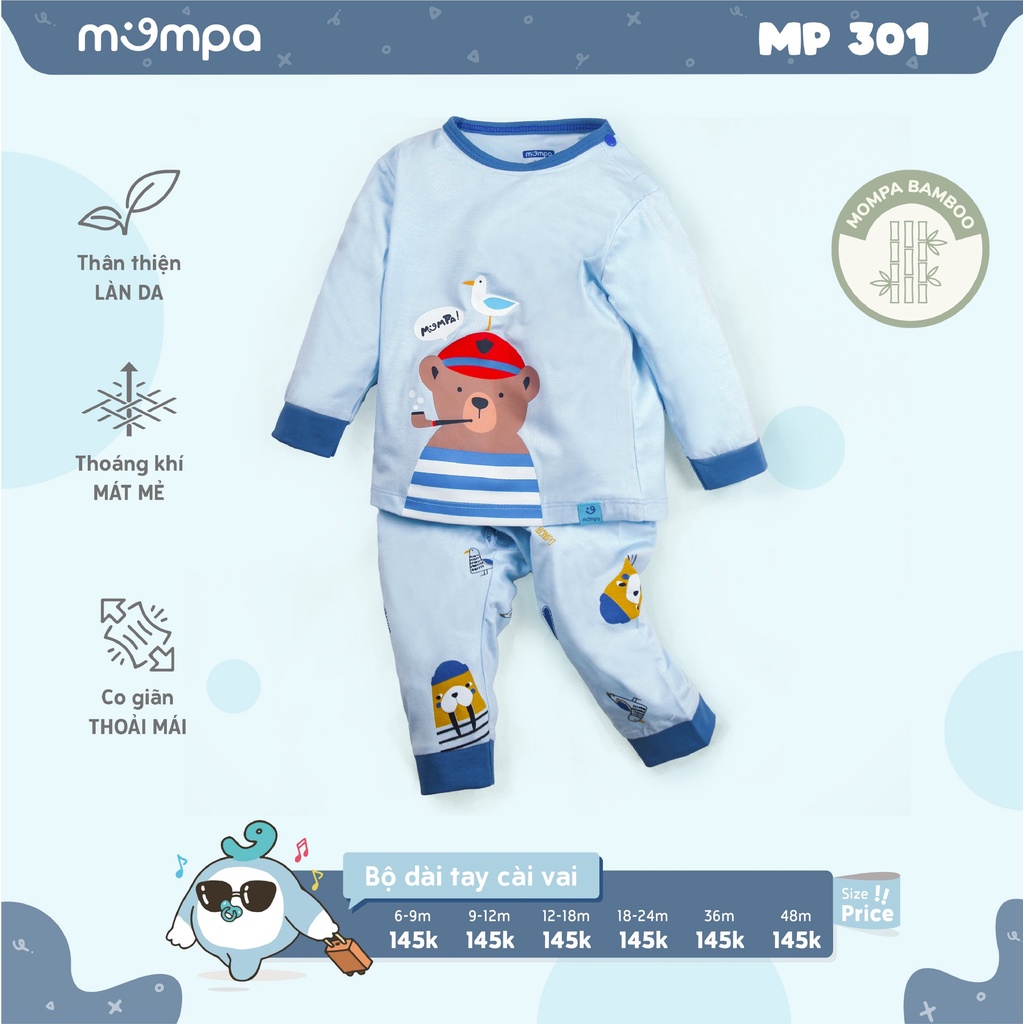 Bộ quần áo thu đông trẻ em Mompa từ 6-4 tuổi dáng dài tay cài vai Mompa MP 301 chất liệu bamboo thoáng mát