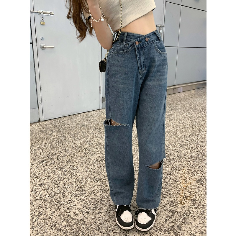 Quần jean nữ lưng cao thiết kế kiểu rách cá tính