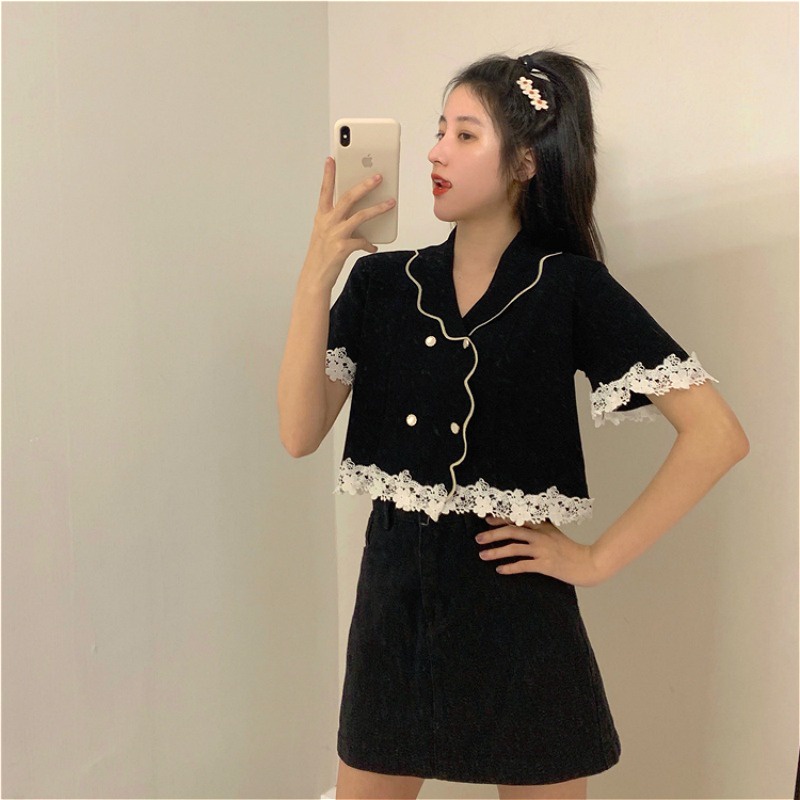 Áo Dệt Kim Ngắn Tay Cổ Búp Bê Phối Ren Lưng Cao Thời Trang