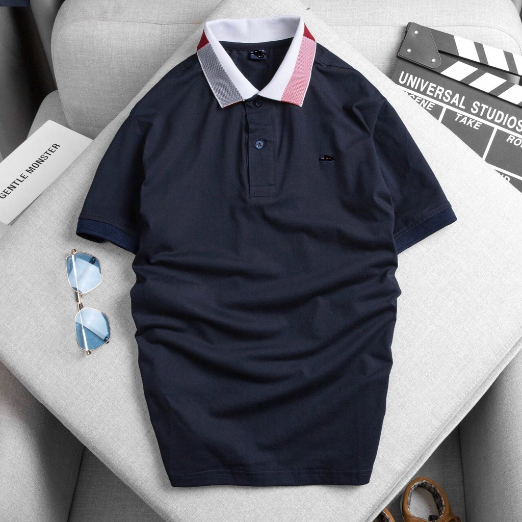 Áo thun polo nam thêu  TOM có cổ trụ bẻ dệt sọc, ngực thêu gấu trẻ trung, vải cá sấu cotton cao cấp