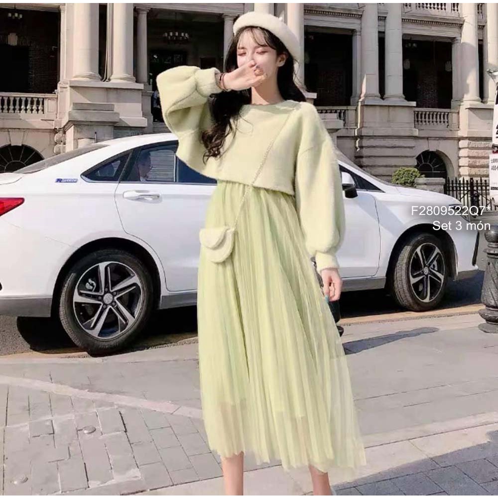 Set công chúa 3 món áo len croptop tay dài đầm xòe tà phối lưới có lót 2 dây kèm túi