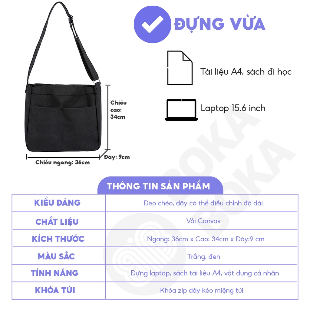 Túi Vải Đeo Chéo Siêu To Có Ngăn Đôi Bên Ngoài Tote Trắng, Đen đi học, đi chơi, túi canvas đeo chéo