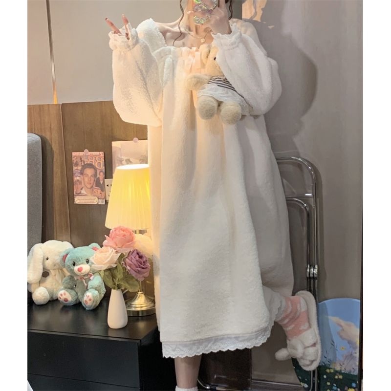 Đầm ngủ công chúa lót lông cừu xinh xắn phong cách Hàn Quốc thời trang thu đông ngọt ngào cho nữ