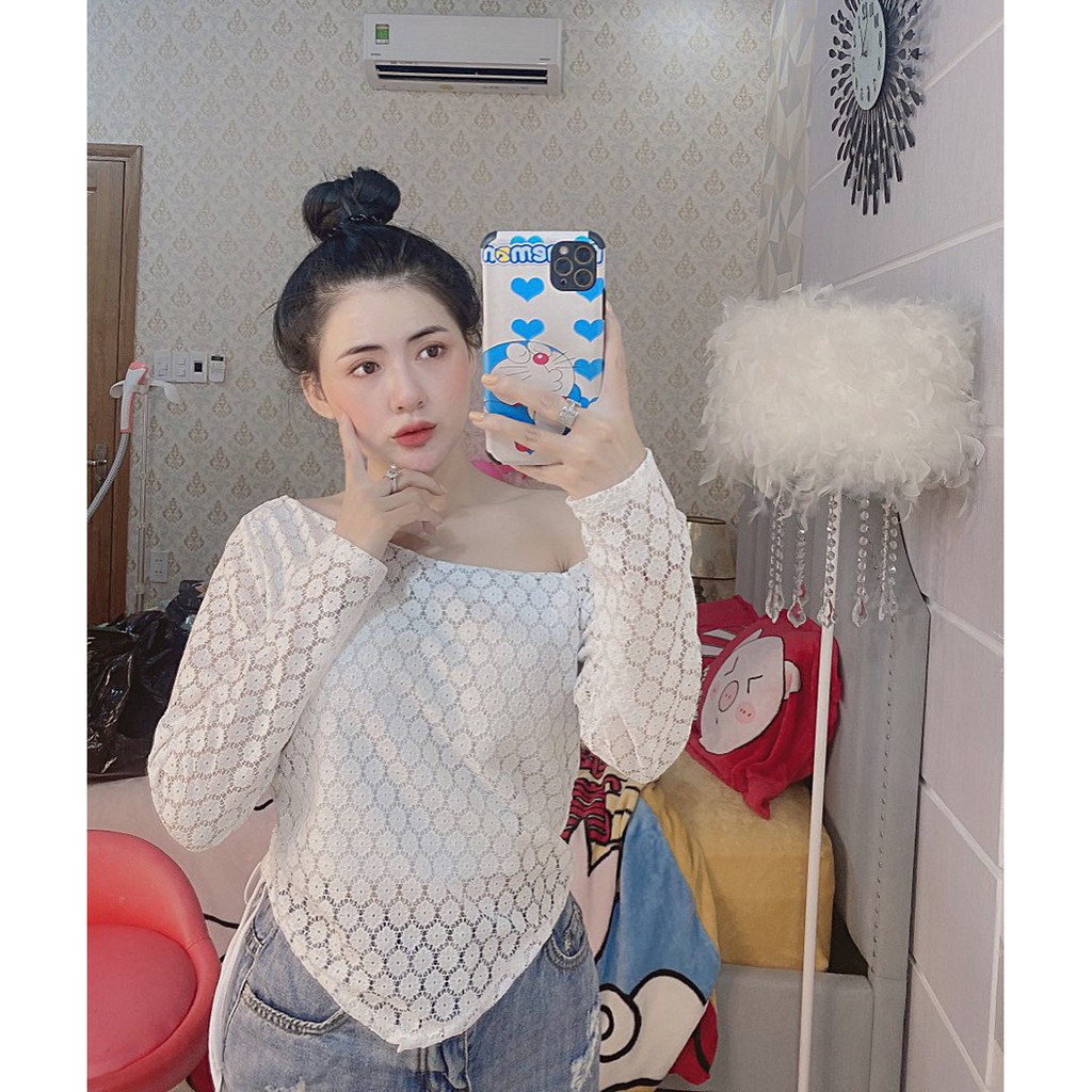 áo kiểu ren trễ vai rút dây bên dễ thương siêu xinh ảnh thật