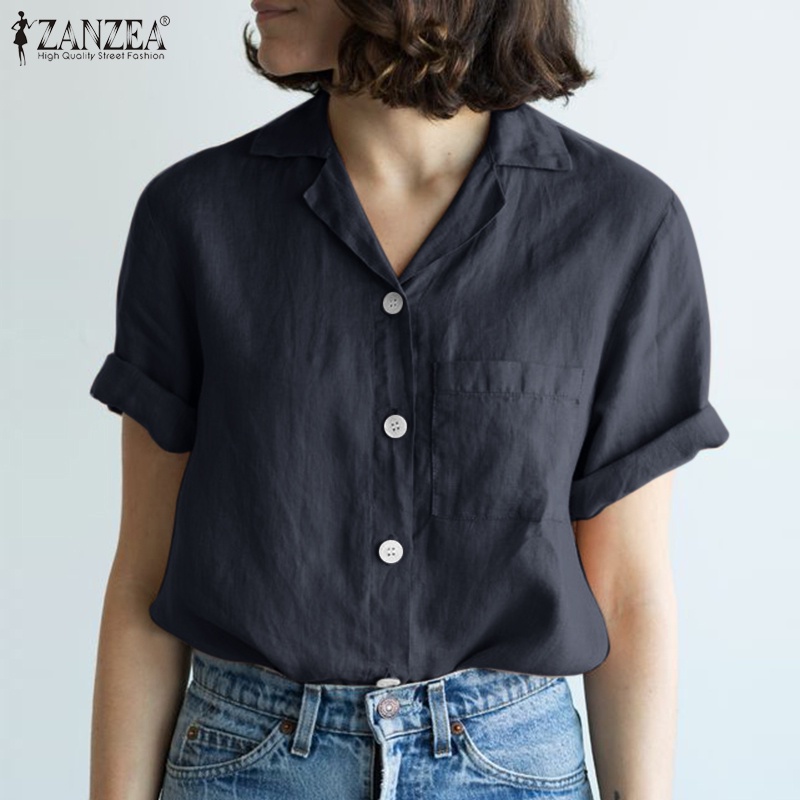 Zanzea Áo Sơ Mi Ngắn Tay Form Rộng Màu Trơn Thời Trang Dành Cho Nữ