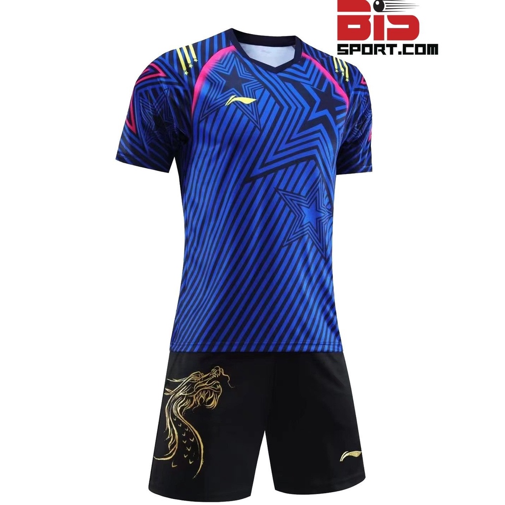 Áo Bóng Bàn Cầu Lông Li-ning Chính Hãng 6121A Xanh Họa Tiết - Mẫu Áo Chính Thức Của Đội Tuyển Bóng Bàn Trung Quốc 2022