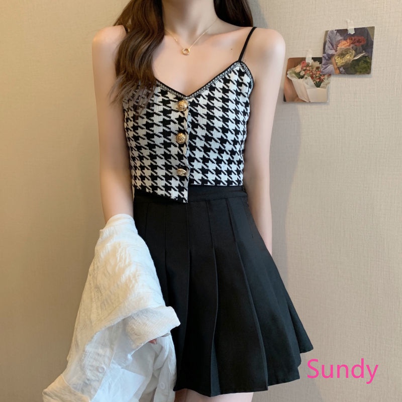 Áo Dệt Kim Hai Dây Sọc Ca Rô Thời Trang Mùa Hè Hàn Quốc Cho Nữ