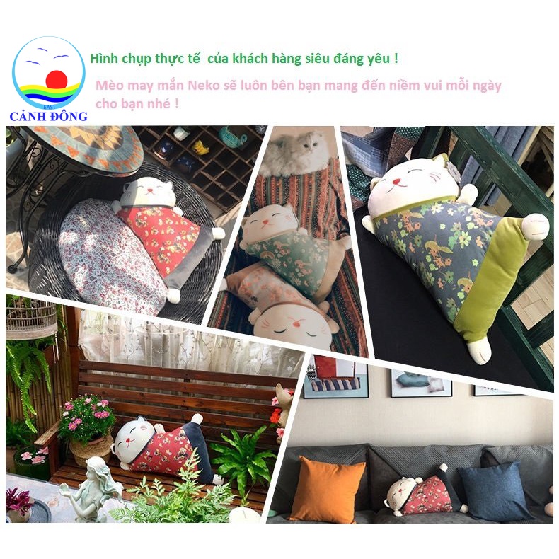Gối tựa lưng trang trí ghế sofa mèo may mắn cute có khóa kéo đóng mở lót 2 lớp tiện dụng