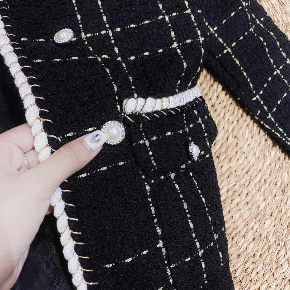 [Siêu Hot] Áo Khoác Dạ Tweed Đen Viền Ngọc Dài Tay | BigBuy360 - bigbuy360.vn