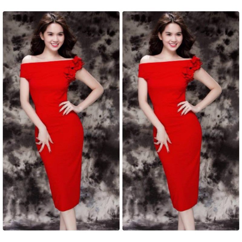 Đầm body trễ vai hoa hồng Ngọc Trinh