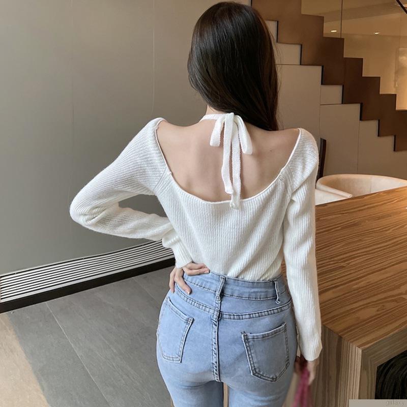 Áo len dệt kim tay dài trễ vai màu sắc thanh lịch dành cho nữ