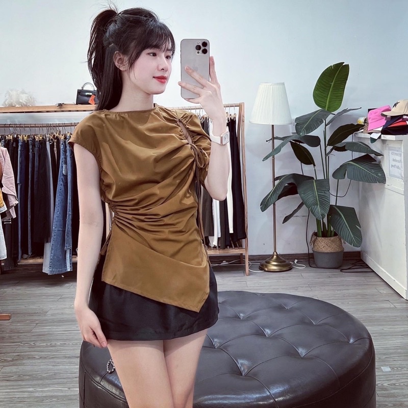 Áo kiểu nhún eo lệch vạt Áo sơ mi chất thô nến tiểu thư sang chảnh