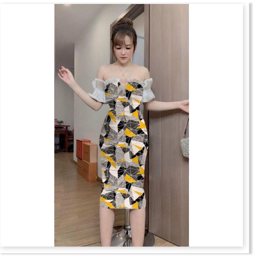 VÁY BODY BẸT VAI TAY PHỐI VOAN ( CÓ MÚT NGỰC
