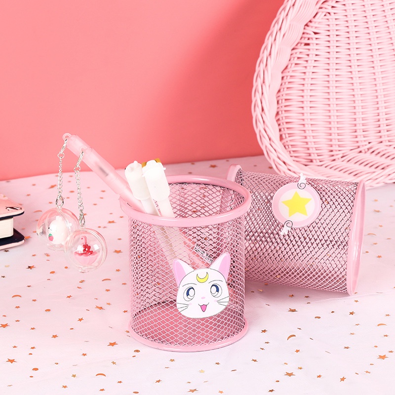 Ống đựng bút màu hồng đáng yêu gắn hình