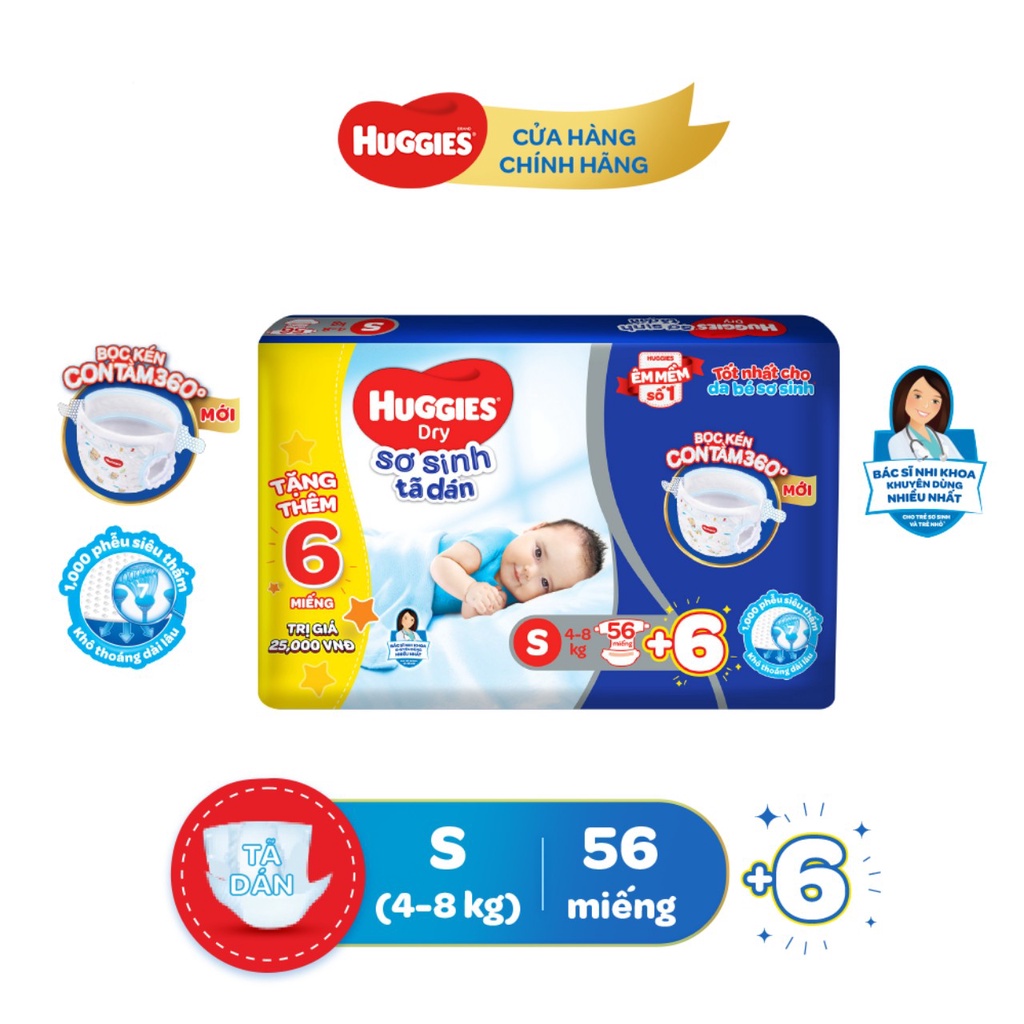 Tã bỉm dán sơ sinh Hugiges S56 miếng tặng kèm 10 miếng,tã sơ sinh huggies mẫu mới bọc kén con tằm 360 cho bé 4-8kg