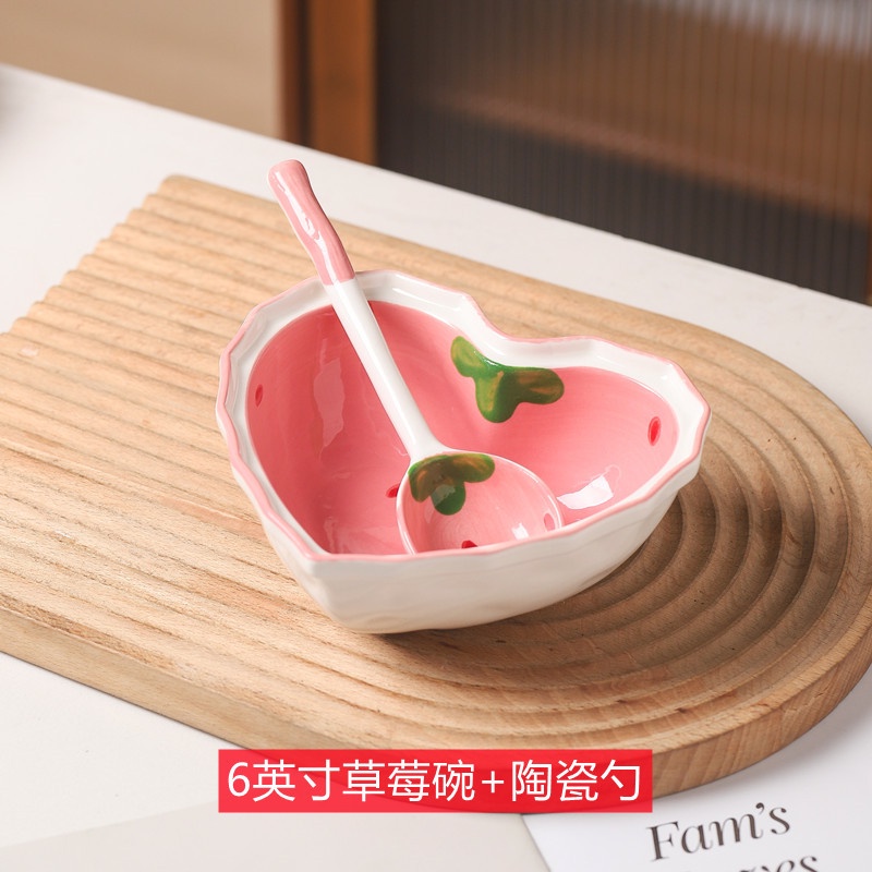 Bộ bát đĩa, chén dĩa sứ dễ thương đẹp màu hồng, bát ăn cơm,BỘ BÁT THÌA QUẢ DÂU TÂY
