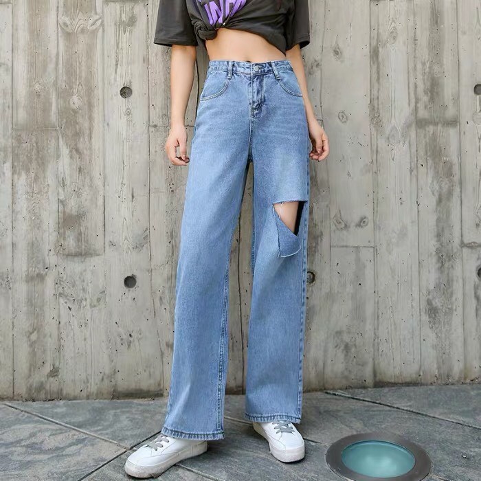 [Big Size Đại] Quần Ống Rộng Dài Form To Chuẩn 105cm- Quần Jeans Ống Rộng Rách 1 Đùi L To/Lưng Cao