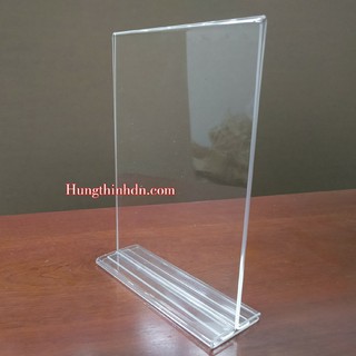 Kệ menu, khung menu mica chữ T hiển thị thông tin sản phẩm 2 mặt_ chân đế trong